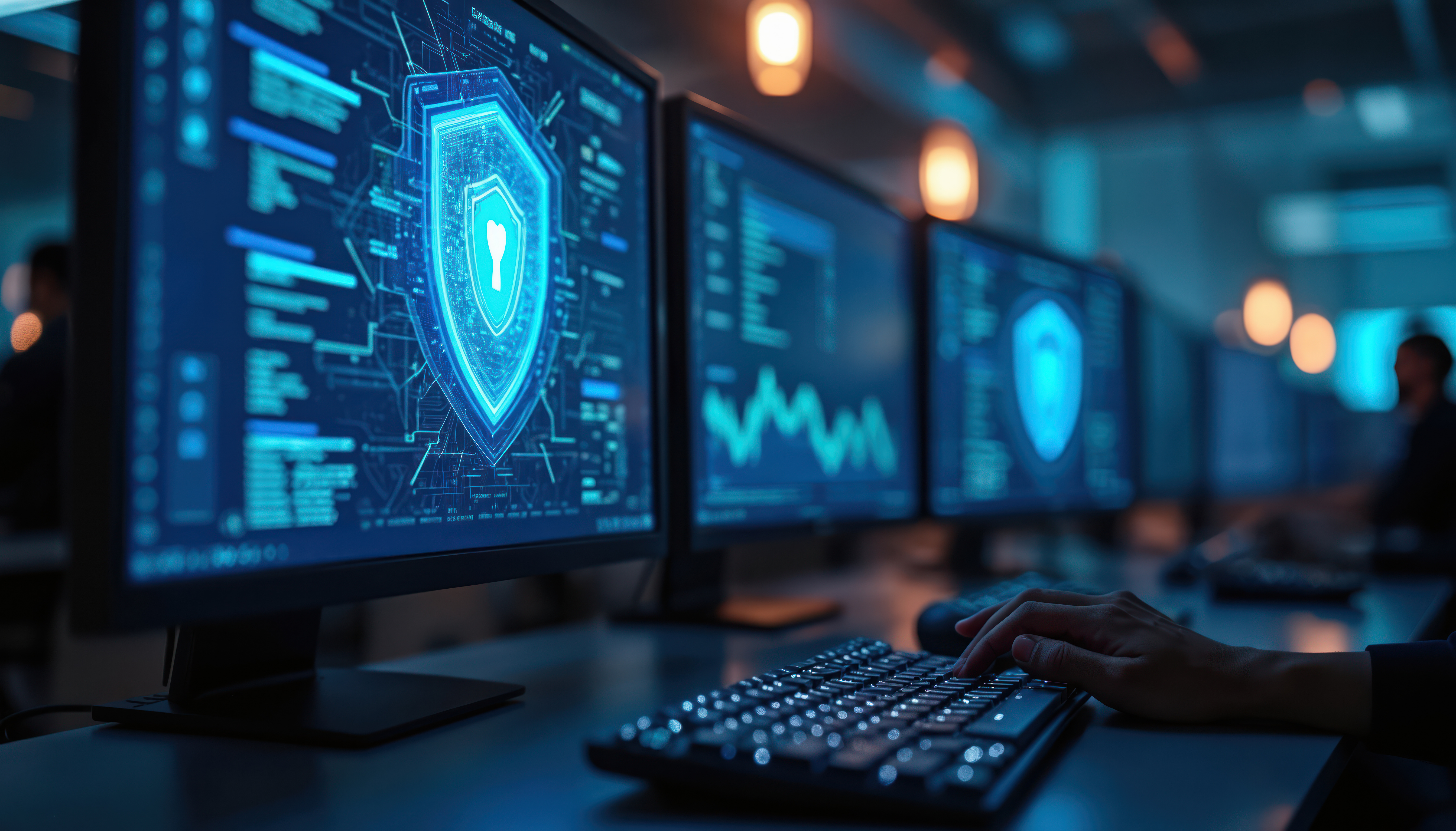 Cybersecurity monitoring station with shield graphics